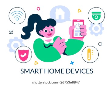 Ilustración vectorial de dispositivos inteligentes para el hogar con domótica controlada a través de un teléfono inteligente con un sistema integrado de electrónica en segundo plano