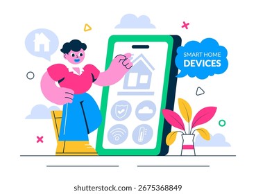 Ilustración vectorial de dispositivos inteligentes para el hogar con domótica controlada a través de un teléfono inteligente con un sistema integrado de electrónica en segundo plano