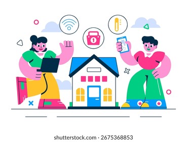 Smart Home Devices Vector Illustration featuring Home Automation Controlled via Smartphone with an Integrated System of Electronics in a Background