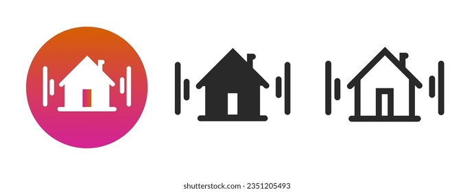 Smart home digital automation icon vector, house alarm system technology and remote control monitoring logo pictogram simple outline line art silhouette, office security radio tech signal image