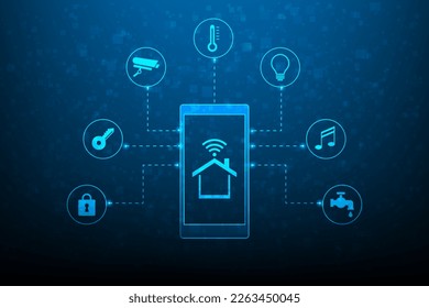 smart home digital technology on mobile phone. Internet of thing home automation system. mobile control electronic device in house. iot concept with icon. 