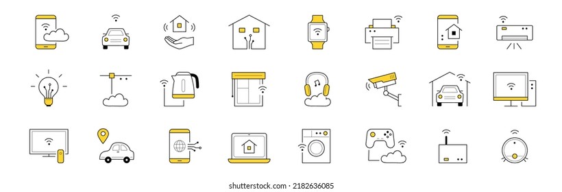 Smart home doodle icons set. Smartphone with app, wi-fi connection, house in hand, smartwatch and printer. Conditioner, light bulb, teapot, window and headphones, car, alarm Isolated vector line signs