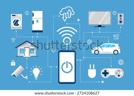 Smart home ecosystem with central mobile control, cloud connectivity, and interconnected IoT devices like appliances, security, lighting, and entertainment. Ideal for tech, automation, and digital lifestyle visuals.