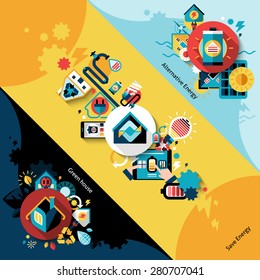 Smart home electric equipment energy efficiency diagonal banners set isolated vector illustration