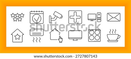 Smart home and electronics set icon. Stars, calendar, camera, desktop, envelope, message bubble, cooktop, monitor, heater, pointer, and coffee cup drawn in clean outline form.