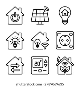 Smart home and energy efficiency outline icons set with smarthome automation technology efficiency thermostat electricity connectivity