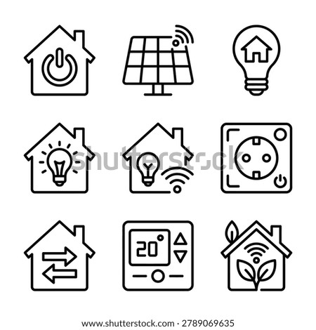 Smart home and energy efficiency outline icons set with smarthome automation technology efficiency thermostat electricity connectivity