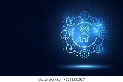 Entretenimiento casero inteligente y seguridad futurista sobre fondo de código binario digital abstracto azul. Tecnología de negocios y concepto de transformación digital. Ilustración vectorial.