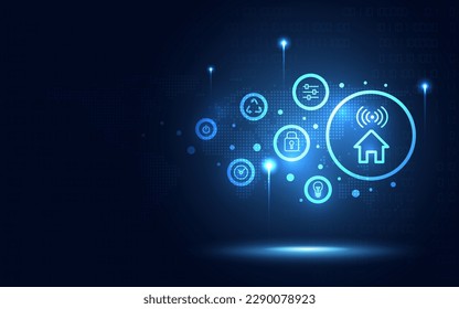 Entretenimiento casero inteligente y seguridad futurista sobre fondo de código binario digital abstracto azul. Tecnología de negocios y concepto de transformación digital. Tema de la tecnología futura. Ilustración vectorial.