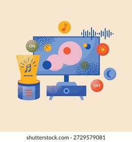 Smart Home Entertainment System Concept Featuring Voice Control Assistant, Audio Speaker, and Television with Interactive UI Icons for Music, Lighting, and Automation Vector Illustration.