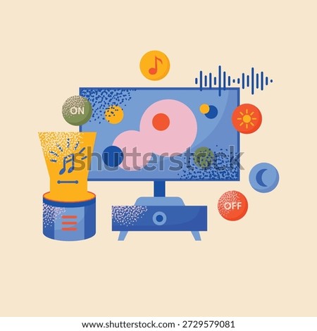 Smart Home Entertainment System Concept Featuring Voice Control Assistant, Audio Speaker, and Television with Interactive UI Icons for Music, Lighting, and Automation Vector Illustration.