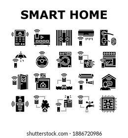 Smart Home Equipment Collection Icons Set Vector. Smart Home Security System And Fire Alarm, Air Conditioning And Washer Remote Control Glyph Pictograms Black Illustrations