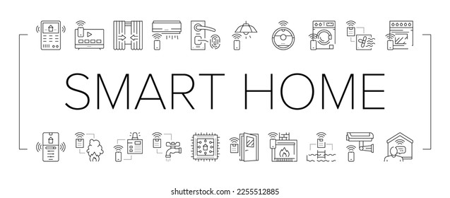 Smart Home Equipment Collection Icons Set Vector. Smart Home Security System And Fire Alarm, Air Conditioning And Washer Remote Control Black Contour Illustrations