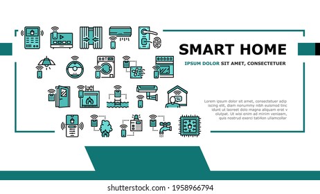 Smart Home Equipment Landing Web Page Header Banner Template Vector. Smart Home Security System And Fire Alarm, Air Conditioning And Washer Remote Control Illustration