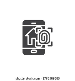 Smart home fingerprint security vector icon. filled flat sign for mobile concept and web design. Smartphone with smart home security system glyph icon. Symbol, logo illustration. Vector graphics