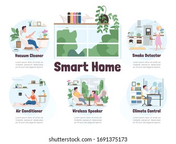 Smart home flat color vector informational infographic template. Modern technology poster, booklet, PPT page concept design with cartoon characters. IOT advertising flyer, leaflet, info banner idea