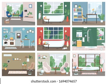 Smart home flat color vector illustrations set. Automated kitchen, bathroom and living room 2D cartoon interior. Internet of things, technologies in everyday life. Intelligent domestic appliances