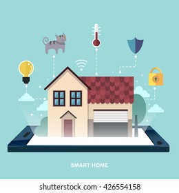 smart home flat design illustration - home appliances remotely control by smartphone 