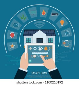 Smart home. Flat design style vector illustration concept of security house technology system with centralized control. Mobile apps.Technology icons and design elements.