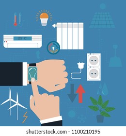 Smart home. Flat design style vector illustration concept of security house technology system with centralized control. Mobile apps.Technology icons and design elements.