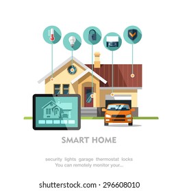 Smart home. Flat design style vector illustration concept of smart house technology system with centralized control.