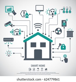 Smart home. Flat design style vector illustration concept of smart house technology system with centralized control. Editable vector icons for video, mobile apps, Web sites and print projects.