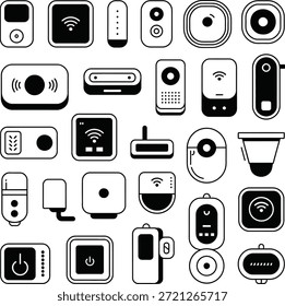 gadget de início inteligente e conjunto de ícones de dispositivo iot. Contendo campainhas sem fio, plugues inteligentes, hubs, sensores, câmeras e unidades de controle remoto.
