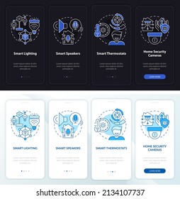Smart home gear night and day mode onboarding mobile app screen. Walkthrough 4 steps graphic instructions pages with linear concepts. UI, UX, GUI template. Myriad Pro-Bold, Regular fonts used