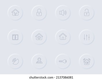 iconos vectoriales grises inteligentes en botones de goma redondos. conjunto de iconos de inicio inteligente para web, aplicaciones móviles, diseño de ui y poligrafía de negocio de promoción