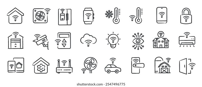 Ícones de linha de estilo de esboço de rabiscar desenhado à mão em casa inteligente