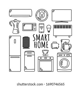 Smart home is hand drawn.  Household appliances in a smart home. Coffee maker, toaster, tv, heater, air conditioning, fridge, oven, dishwasher, washing machine, smart speaker, robot, vacuum cleaner, m