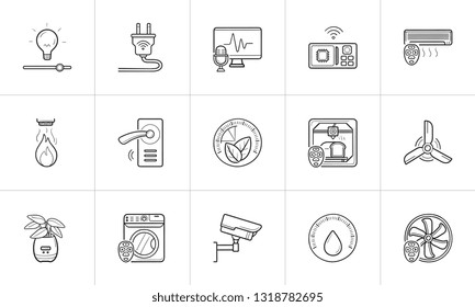 Smart home hand drawn outline doodle icon set. Outline doodle icon set for print, web, mobile and infographics. Cooling, light, security vector sketch illustration set isolated on white background.