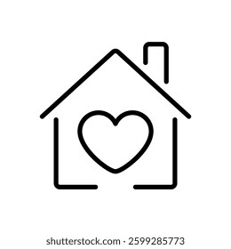 Smart Home with Heart. Black Line Icon of Smart Home with Heart Symbol Inside, Representing Love, Comfort, and Care in Housing, Family Protection, Home Automation, Security, Digital Smart Technology