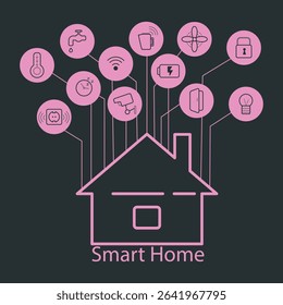 smart home. Smart House. House silhouette and various icons on a dark background. New technologies. Hand drawn. Vector illustration