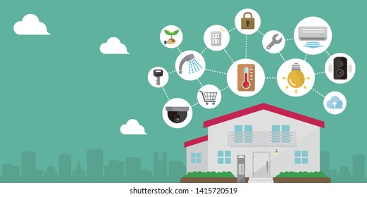 Smart home (smart house) technology concept flat illustration (with text space).