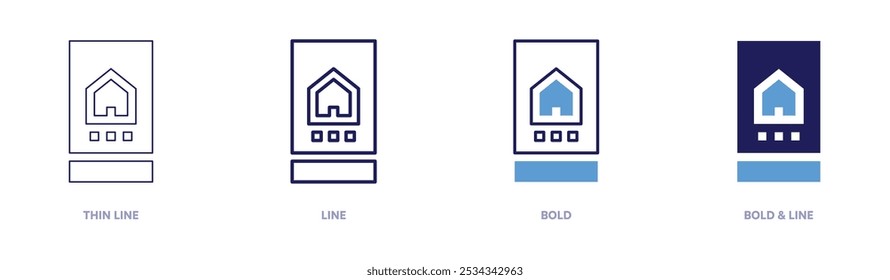 Icono de casa inteligente en 4 estilos diferentes. Línea delgada, línea, negrita y línea negrita. Estilo duotono. Trazo editable.