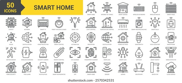 Smart Home icon collection set. Containing internet of things, smart garage, smart TV, home protection, smart fence, chipset, sensor, router Wi-Fi, innovation, water tap icon. Simple line vector