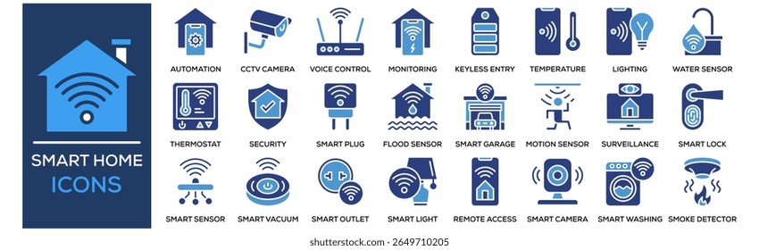 Conjunto de colección de iconos de Smart Home. Diseño que contiene Smart Home, domótica, cámara CCTV, control de voz, monitoreo de energía