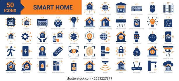 Smart Home icon collection set. Containing internet of things, innovation, door lock, smart key, home protection, smart fence, smart lock, technology, sensor, automation icon. Simple flat vector
