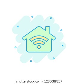 Smart home icon in comic style. House control vector cartoon illustration pictogram. Smart home business concept splash effect.