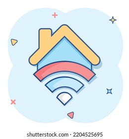 Smart home icon in comic style. House control vector cartoon illustration pictogram. Smart home business concept splash effect.