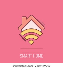 Smart home icon in comic style. House control vector cartoon illustration pictogram. Smart home business concept splash effect.