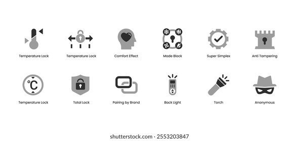 Smart Home Icon Pack - Temperature Lock, Comfort Effect, and Other Essentials. Minimalist Vector Graphics for Smart Home Applications.