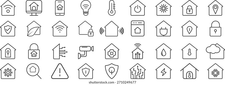 Conjunto de ícones de início inteligente. Coleção de casa inteligente com ilustração de vetor de sistema de controle de automação e conceito de tecnologia.	