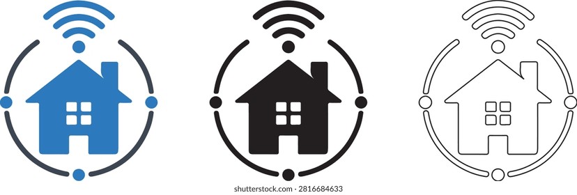 Smart Home Icon Set, Connected House, Home Automation, IoT Network, Black Blue Outline Vector Pictogram Collection