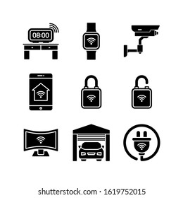 Smart Home icon set = Digital Clock,  Smart Watch, Cctv, Smartphone, Smart Lock, Unlocked, Smart Tv, Garage, Plug