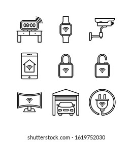Smart Home icon set = Digital Clock,  Smart Watch, Cctv, Smartphone, Smart Lock, Unlocked, Smart Tv, Garage, Plug
