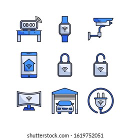 Smart Home icon set = Digital Clock,  Smart Watch, Cctv, Smartphone, Smart Lock, Unlocked, Smart Tv, Garage, Plug