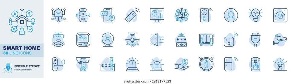 Smart home icon set. Editable line icons smart house, speaker, mobile lock, remote control vector illustration