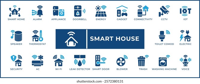 Smart Home Icon Set. Features editable icons for smart home, IoT, automation, home security, smart living, and more. Perfect for smart home companies, tech companies, and automation enthusiasts.